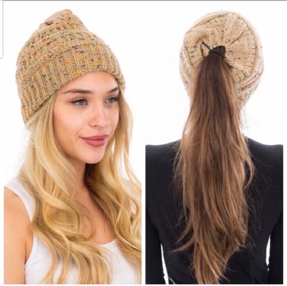 ⬇️⬇️ Messy Bun Ponytail Chunky Knit Beanie Hat - Picture 4 of 4